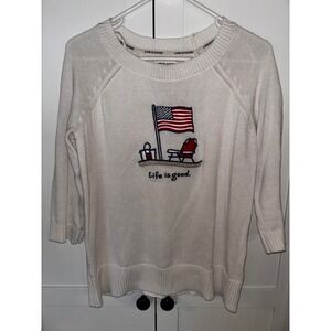 Life is Good Womens White Sweater American Flag Beach Scene 3/4 Sleeve Knit Top
